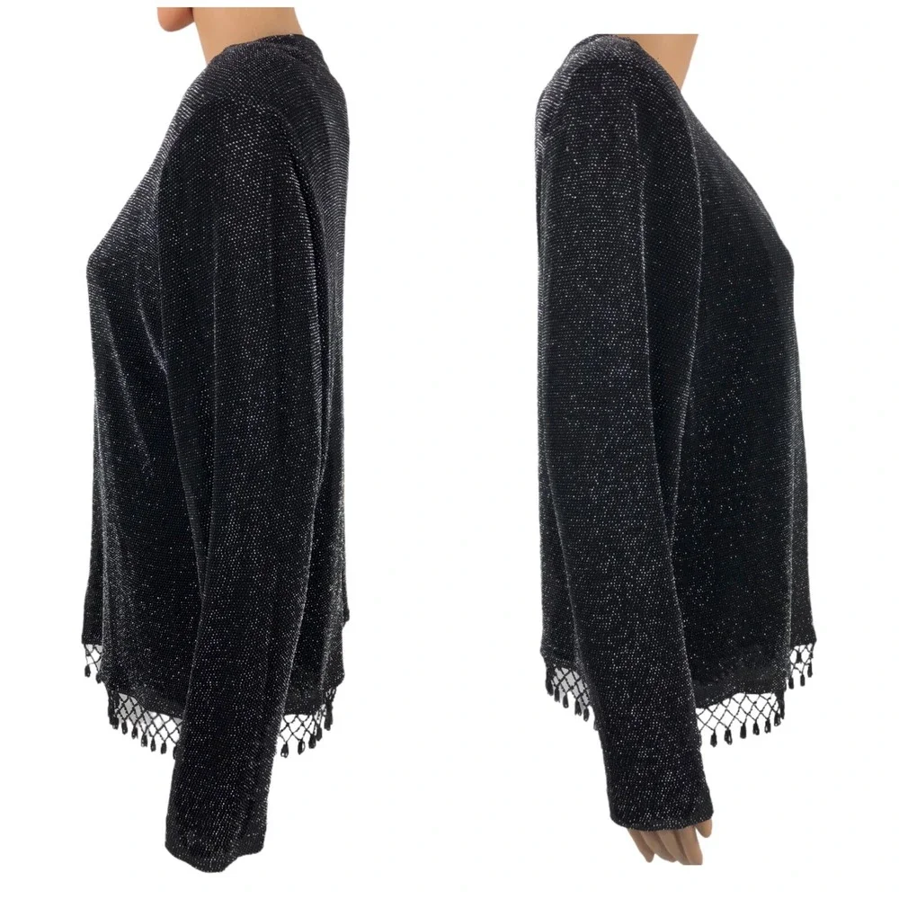 Xscape Women XL Tank Top Jacket Twin Set Black Fringe Metallic Silver Beaded EUC